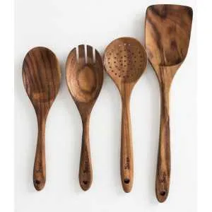 Set 4 Utensili Cucina in Legno di Acacia Sirge | Mestoli e Palette Naturali