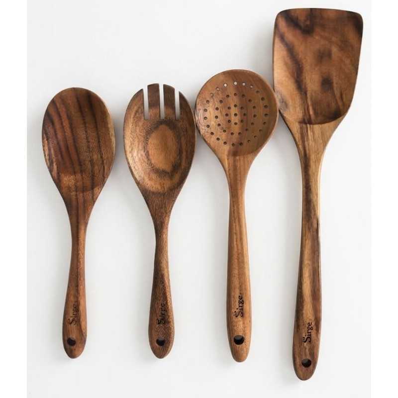 Set de 4 ustensiles de cuisine en bois d'acacia Sirge | Louches et spatules naturelles