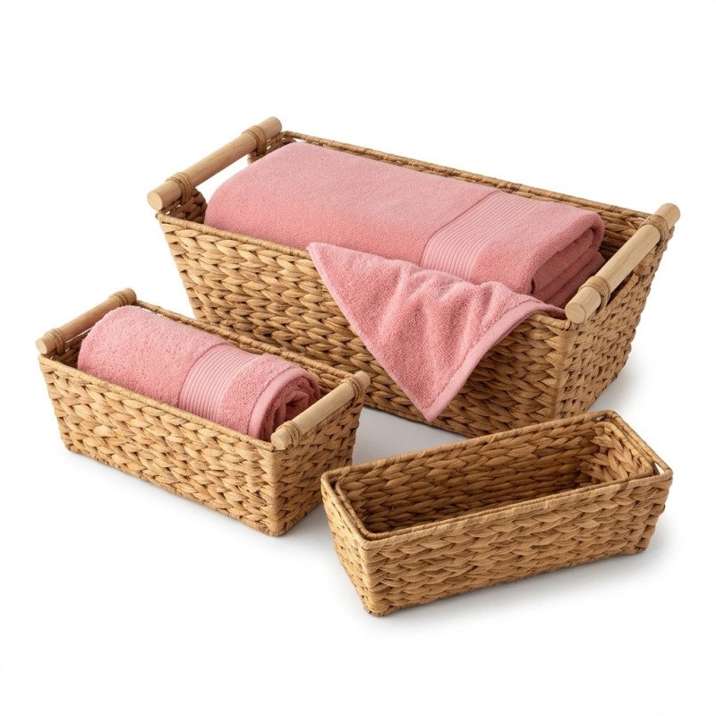 Set Bagno Sirge con 3 Cestini Portaoggetti in Giacinto d'Acqua e 2 Asciugamani in Cotone Rosa Set Bagno Sirge con 3 Cestini Portaoggetti in Giacinto d'Acqua e 2 Asciugamani in Cotone Rosa